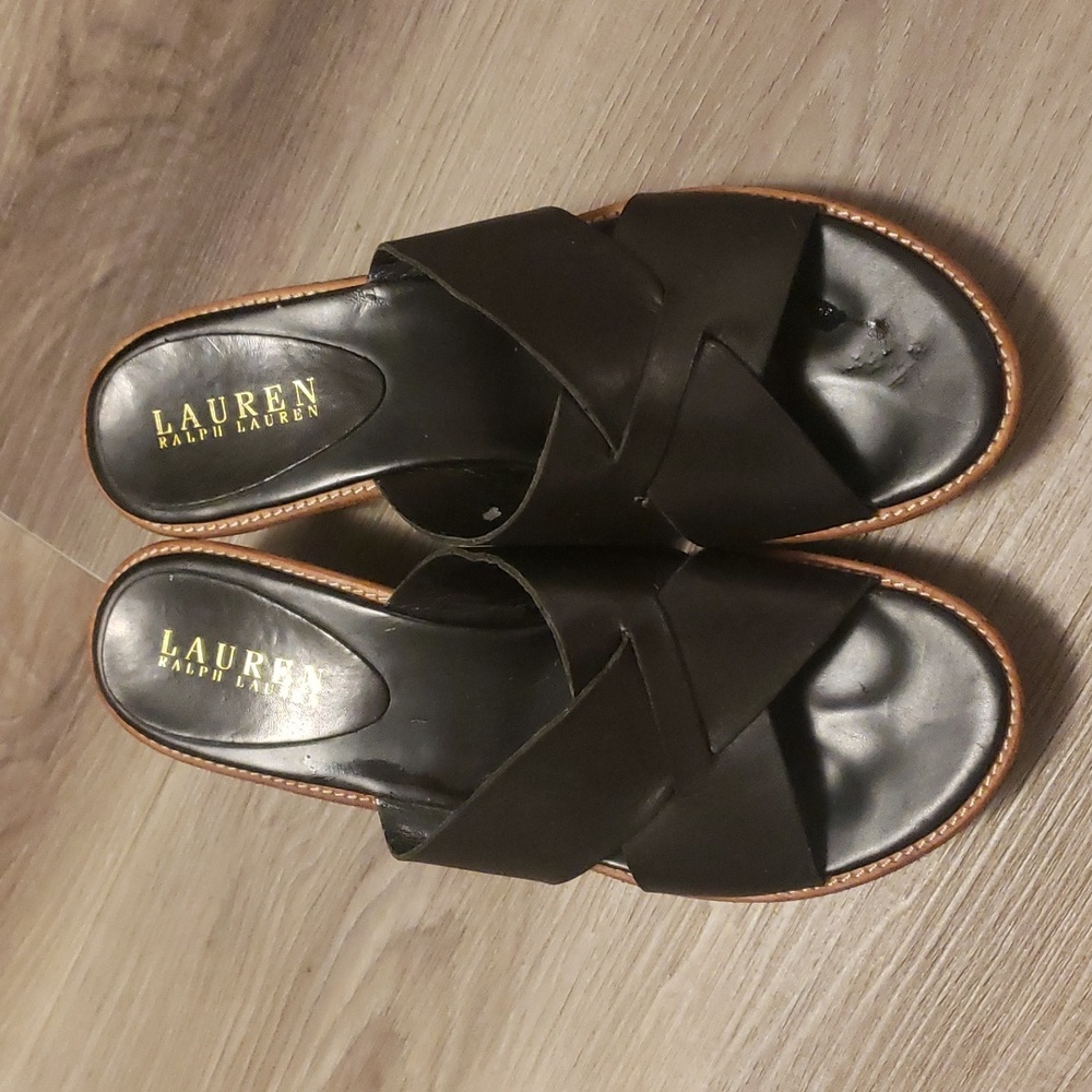 Ralph Lauren Black Leather Crossover Slide Mules